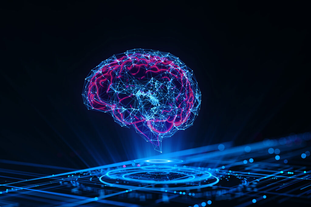 Digital Brain Hologram Hud. Artificial intelligence AI machine deep learning. Business Technology Internet Network Concept